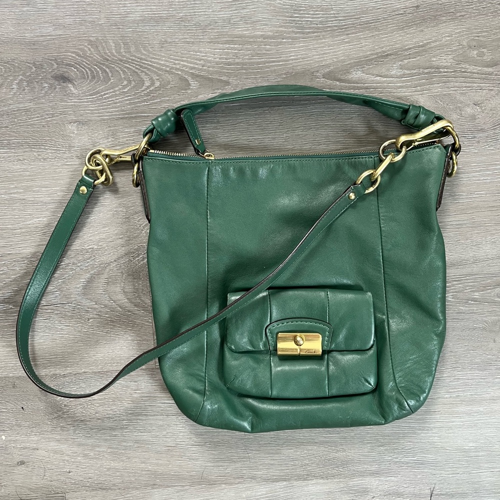 Coach Green Leather Shoulder Bag with Front Pocket & Gold Hardware